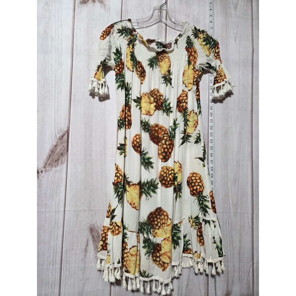 Meaneor Dress‎ Womens Medium White Pineapple Print Tassel Boho Summer Rayon Midi